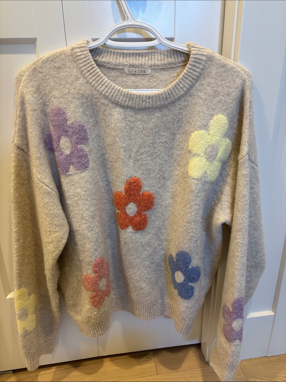 Simons Cream Crewneck Sweater with Multicolor Flower Motifs